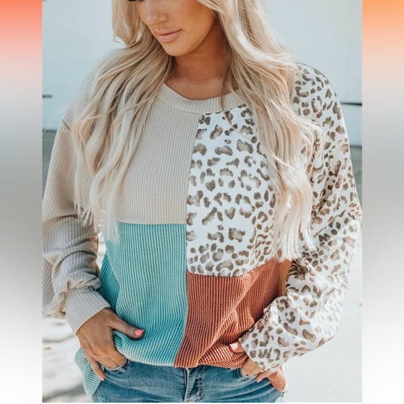 Women’s Crewneck Casual Long Sleeve Patchwork Printed Pullover Knit Sweater - Picture 3 of 9